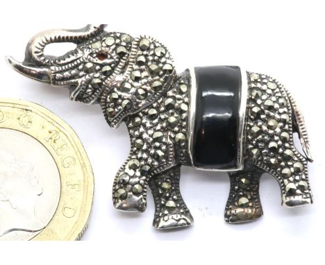 Silver, marcasite and enamel elephant brooch. P&amp;P Group 1 (£14+VAT for the first lot and £1+VAT for subsequent lots) 