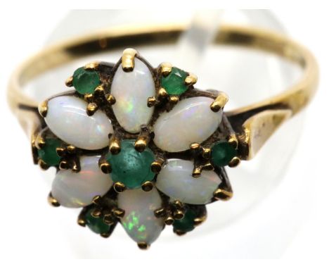 9ct gold, opal and green stone set flower head ring, size T, 2.8g. P&amp;P Group 1 (£14+VAT for the first lot and £1+VAT for 