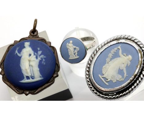 Wedgwood blue and white ring, brooch and fob. P&amp;P Group 1 (£14+VAT for the first lot and £1+VAT for subsequent lots) 
