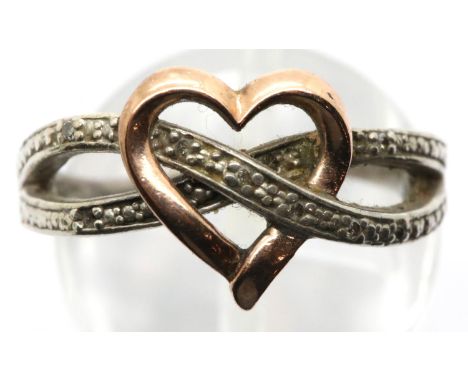 Silver and gold diamond set heart ring, size N, 3.5g. P&amp;P Group 1 (£14+VAT for the first lot and £1+VAT for subsequent lo