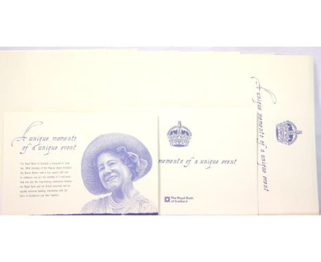 Eight Queens Mother 100th Birthday £20 notes RBS. P&amp;P Group 1 (£14+VAT for the first lot and £1+VAT for subsequent lots) 