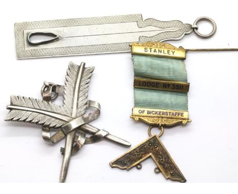 Hallmarked silver Masonic plumb rule, jewel and sash pendant inscribed to Stanley and Royal Victoria lodges. P&amp;P Group 1 