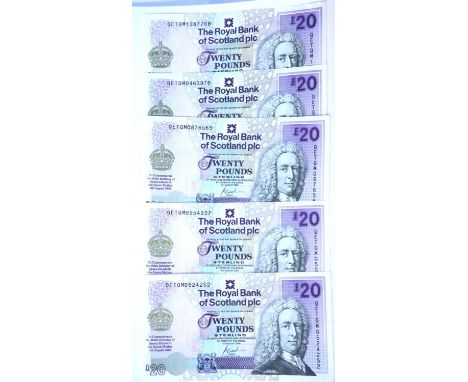 Five Queen Mothers 100th Birthday £20 notes. P&amp;P Group 1 (£14+VAT for the first lot and £1+VAT for subsequent lots) 