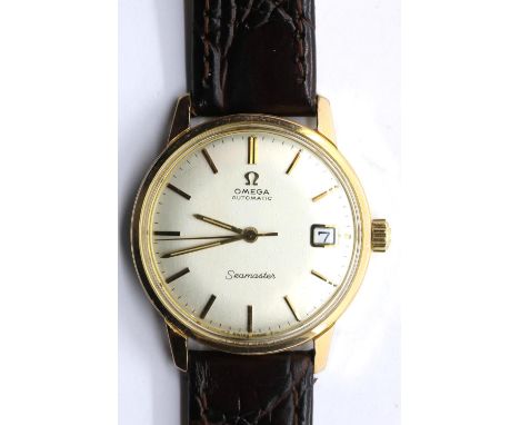 Gents Omega Seamaster automatic wristwatch c1960, gold plated with champagne dial in an Omega travel case, has had a recent f