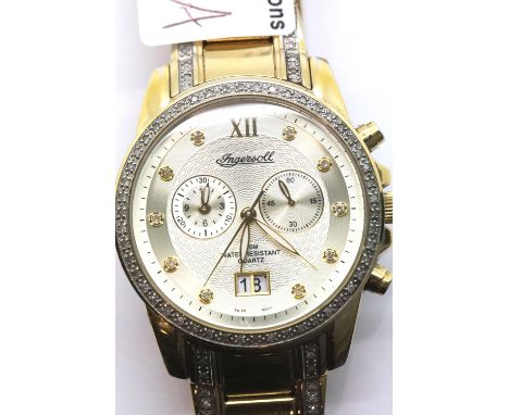 Ingersoll gents diamond set wristwatch on a gold plated bracelet. Not working at lotting.  P&amp;P Group 1 (£1+VAT for the fi