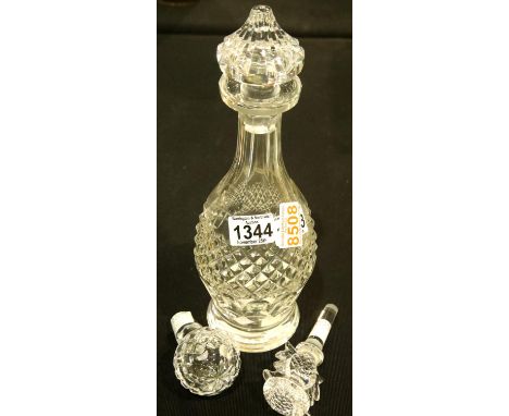 Waterford Crystal Colleen design wine decanter with matching stopper, H: 34 cm with two further stoppers. P&amp;P Group 3 (£2