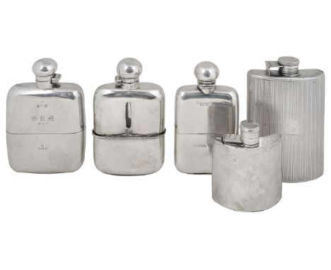 FOUR SILVER SPIRIT FLASKS, LONDON, BIRMINGHAM AND SHEFFIELD, 1905-1919 comprising: three oblong with bun-shaped lids with det