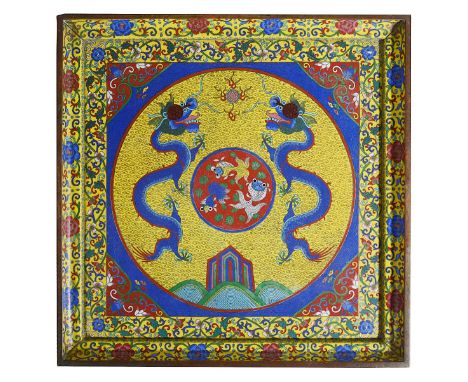 A CHINESE CLOISONNE ENAMEL TRAY, CIRCA 1900 the yellow ground worked with two confronting blue dragons chasing a flaming pear