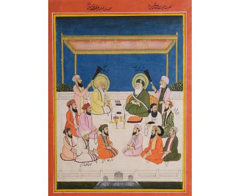 A MEETING OF SUFI SAINTS WITH GURU NANAK, PUNJAB, INDIA, MID-19TH CENTURY gouache with gold on paper, seated on a terrace und