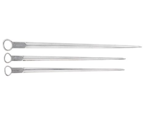 A SET OF THREE GEORGE III SILVER MEAT SKEWERS, ELEY &amp; FEARN, LONDON, 1805/06 typical tapering form, each engraved with a 