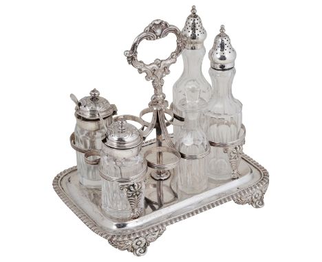 A GEORGE IV SILVER EIGHT-BOTTLE CRUET FRAME, MAKER'S MARK OVERSTRUCK BY THAT OF GEORGE BURROWS, LONDON, 1825 gadroon-bordered