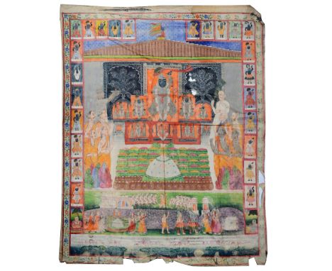 A PICHHAVAI DEPICTING ANNAKUTA UTSAVA, NATHDWARA, RAJASTHAN, INDIA, CIRCA 1900 pigment on cloth, of rectangular form, depicti