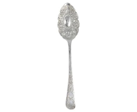 FOUR SILVER BERRY SPOONS, VARIOUS MAKERS, LONDON, 1802-1818 Old English pattern, richly chased and flat-chased circa 1885 wit