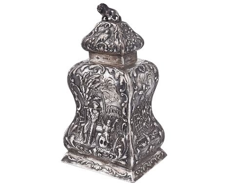 A GERMAN SILVER TEA CADDY AND COVER, PROBABLY HANAU, CIRCA 1895 the waisted body of square outline with Chinoiserie scenes wi
