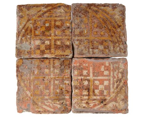 A SET OF FOUR MEDIEVAL 'ENCAUSTIC' FLOOR TILES, ENGLISH, 14TH / 15TH CENTURY together forming a chequer patterned roundel wit