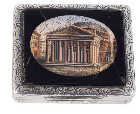 A SILVER VINAIGRETTE, UNMARKED, PROBABLY ENGLISH, CIRCA 1845 rectangular, engine-turned and engraved with foliage, the lid ap