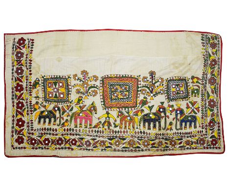 TWO LARGE CLOTH PANELS, GUJARAT, WESTERN INDIA, 20TH CENTURY embroidered polychrome cotton with mirror glass applique, each o