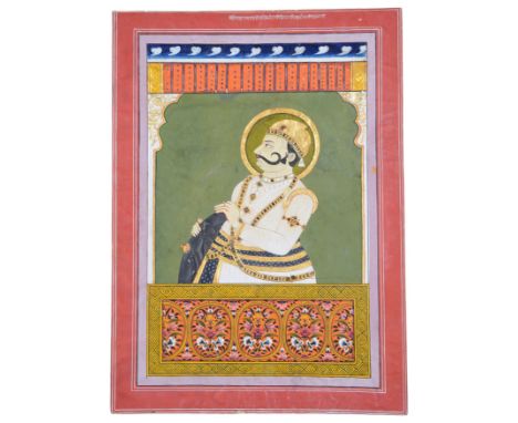 A PORTRAIT OF A RULER, RAJASTHAN, INDIA, CIRCA 1900 gouache with gold, gesso and mica(?) on paper, the figure depicted at a b
