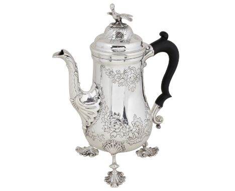 A SCOTTISH SILVER CHOCOLATE POT, MILNE &amp; CAMPBELL, GLASGOW, CIRCA 1760 the baluster body on four cast scroll and shell su