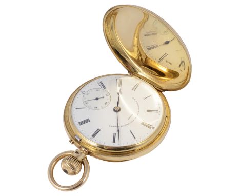 A VICTORIAN GOLD HUNTER POCKET WATCH, G.E. FRODSHAM, CIRCA 1881 keyless wind English frosted gilt three-quarter plate lever m