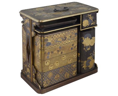 A JAPANESE LACQUER SAGEJUBAKO (PORTABLE PICNIC SET), LATE EDO / MEIJI PERIOD, 19TH CENTURY the shaped oblong frame with silve