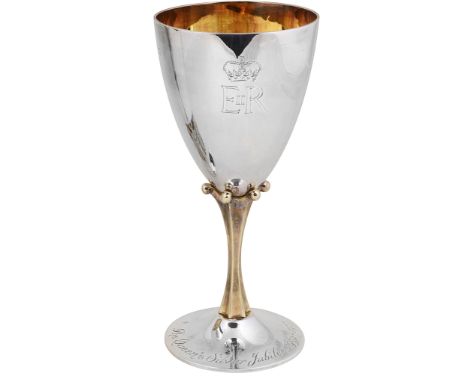 A PARCEL-GILT-SILVER ELIZABETH II SILVER JUBILEE GOBLET, MAPPIN &amp; WEBB LTD., LONDON, 1977 the plain bowl engraved with th