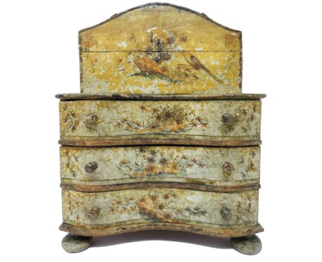 A PAINTED BIRCH MINIATURE COMMODE, SCANDINAVIAN OR NORTH GERMAN, 19TH CENTURY the chest with three serpentine fronted drawers