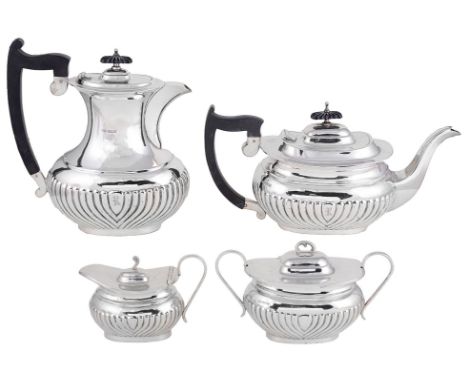 A GEORGE V FOUR-PIECE SILVER TEA SET, VINERS LTD., SHEFFIELD, 1927 oblong part lobed pattern, engraved with the initial R, co