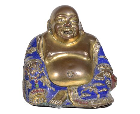 A CHINESE GILT-COPPER AND CHAMPLEVE ENAMEL FIGURE OF BUDAI, QING DYNASTY, 18TH CENTURY typically jovial, seated at 'Royal Eas