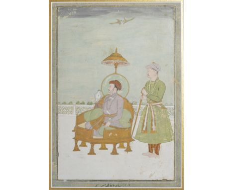 A PORTRAIT OF JEHANGIR, MUGHAL INDIA, LATE 18TH CENTURY gouache with gold on paper, laid on a folio, the ruler seated on a th