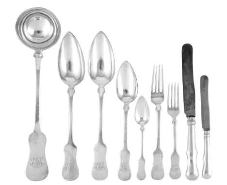 A SET OF AUSTRO-HUNGARIAN TABLE SILVER, JOSEPH REINER, VIENNA, 1863 Fiddle pattern, each engraved with initials EMS, comprisi