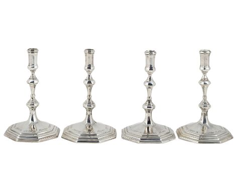 TWO PAIRS OF GEORGE V SILVER TAPERSTICKS, CRICHTON &amp; CO. LTD., LONDON, 1925/27 in George I octagonal style, the stepped b