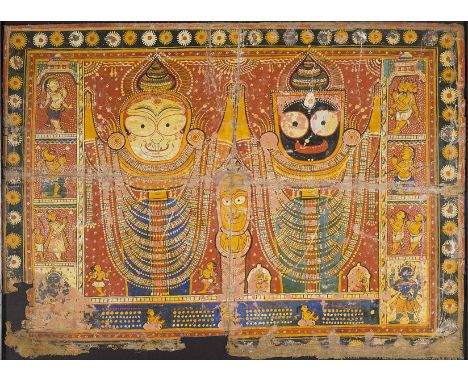 TWO PAINTINGS OF THE JAGANNATH DEITIES, PURI, ORISSA (NOW ODISHA), EASTERN INDIA, CIRCA 1900 gouache with gesso on cloth (pat