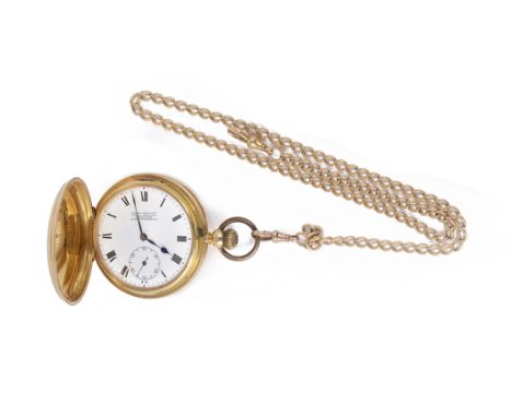 A VICTORIAN GOLD HUNTER POCKET WATCH WITH GOLD CHAIN, CIRCA 1874 AND LATER later fitted with a Swiss keyless wind 15 jewel mo