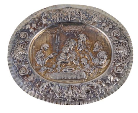 A SILVER-GILT PLAQUETTE, PROBABLY DUTCH, SECOND HALF 19TH CENTURY oval, finely chased in relief after a print of Jacob Jordae