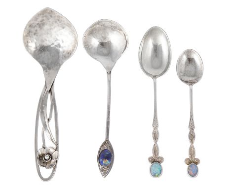 A SET OF SIX AUSTRALIAN OPAL-SET SILVER TEASPOONS AND SIX COFFEE SPOONS, PROUDS, SYDNEY, EARLY 20TH CENTURY each with beaded 