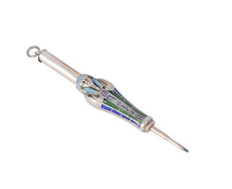 AN ENAMELLED SILVER NOVELTY PROPELLING PENCIL, CONTINENTAL, EARLY 20TH CENTURYmodelled as an Egyptian mummy case with turquoi