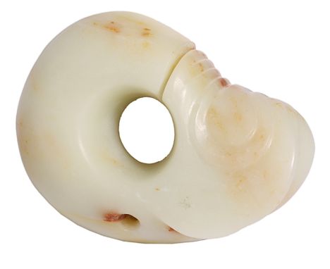 A CHINESE NEOLITHIC STYLE JADE SPLIT RING of circular form, one end terminating in a mythical beast head, the stone of whitis