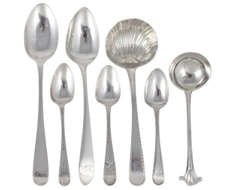 GEORGIAN TABLE SILVER, VARIOUS MAKERS, LONDON, CIRCA 1750-1872 comprising: five teaspoons, feather-edged Old English pattern,