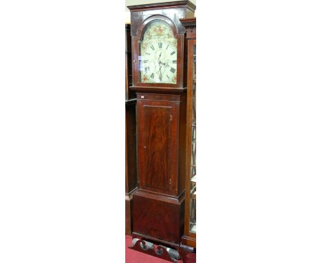 An early 19th century, probably North Country, mahogany and ebony strung longcase clock, having a painted arch dial, with sub