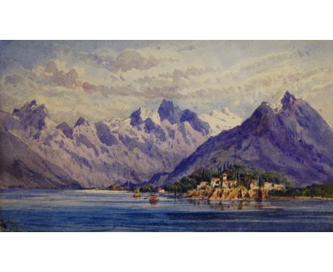 K May - Coastal village, watercolour, signed lower left, 24x35cm; and two others by the artist inc. - near Colico, Lake Como,