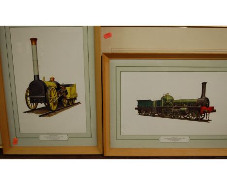 Three framed and glazed prints of transport interest: 1910 LGOC 'B' type bus, York Newcastle and Berwick Railway loco circa 1