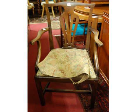 A George III mahogany Chippendale style splatback open armchair, having floral tapestry upholstered drop-in pad seat