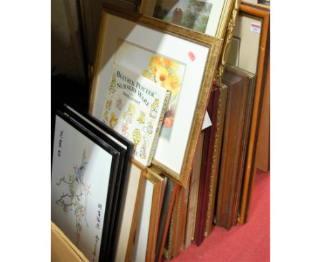 Assorted pictures and prints, wicker hamper, metal magazine rack etc