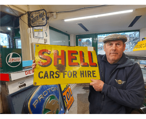 ORIGINAL DOUBLE SIDED SHELL CAR ENAMEL SIGN