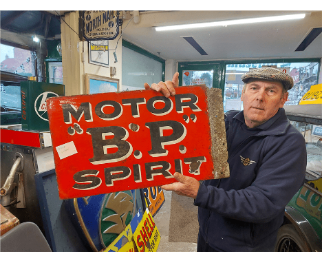 ORIGINAL RARE BP MOTOR SPIRIT ENAMEL DOUBLE SIDED SIGN