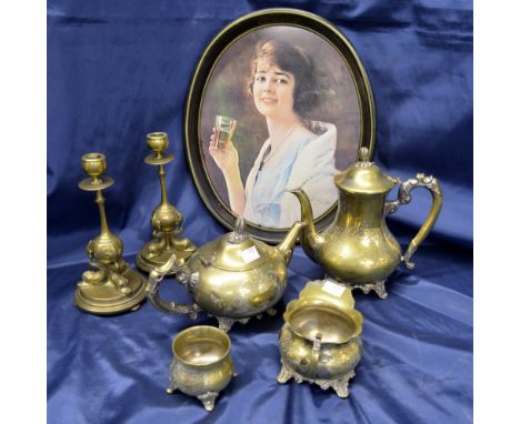 Pair of brass candle sticks three piece tea service and other items 