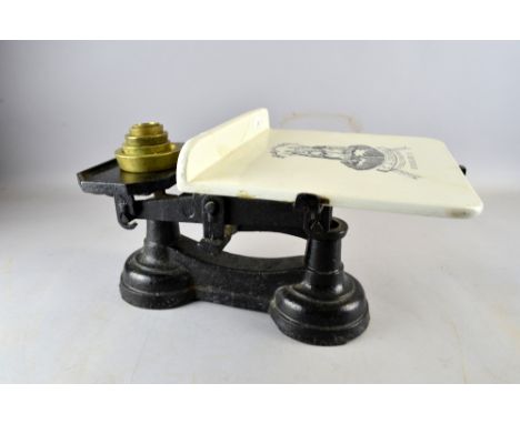 Victorian dairy scales with ceramic plate and weights Plate does not come off, Damage to verso 15cm x 4cm