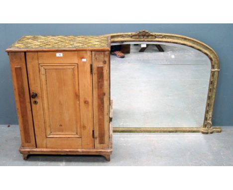 Pine tile topped cabinet and an overmantel mirror 