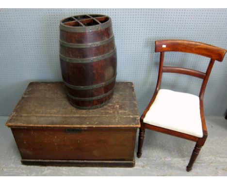 Wooden trunk an oak and metal mount barrel form stick stand and three mahogany bar back chairs 